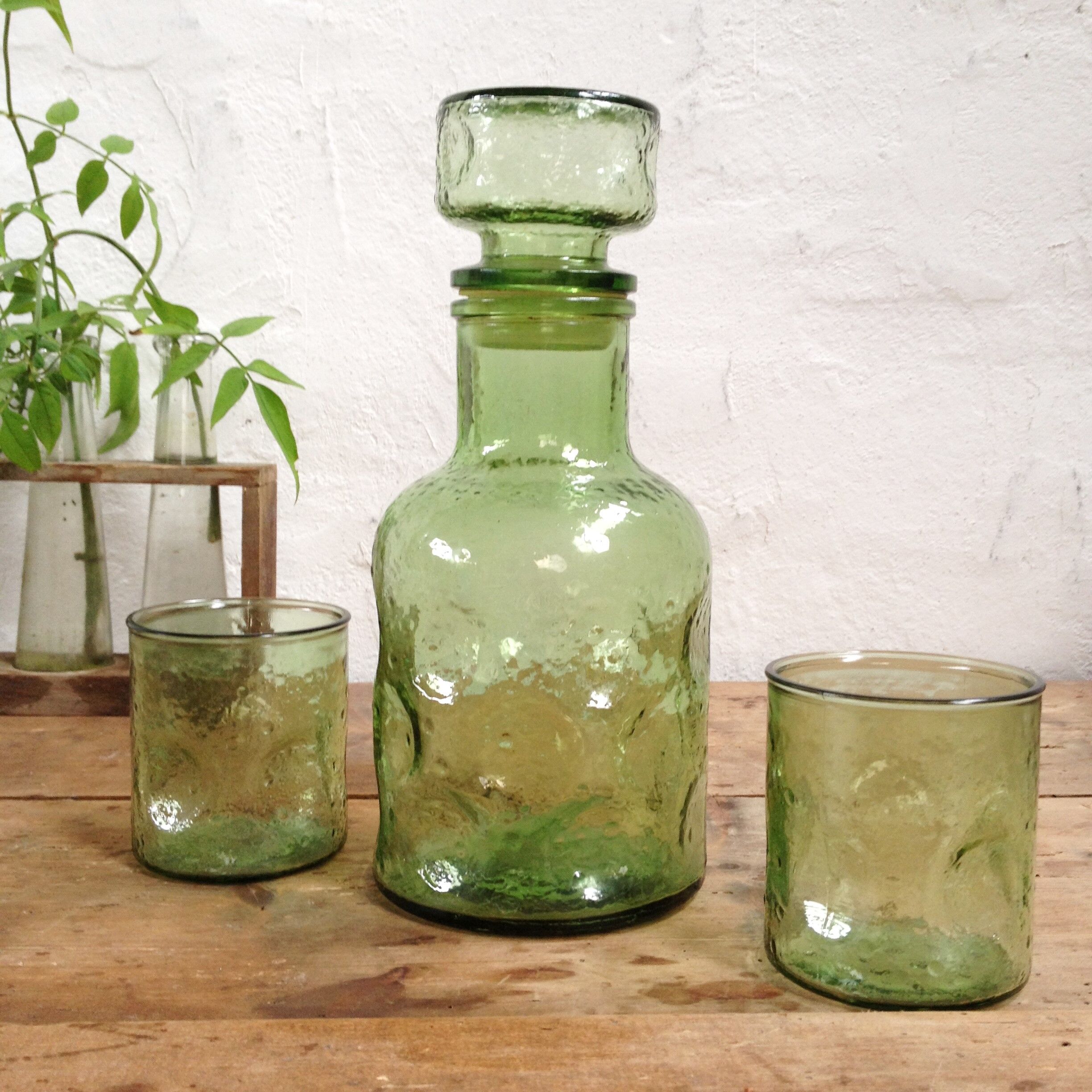 Sage green carafe and its two glasses