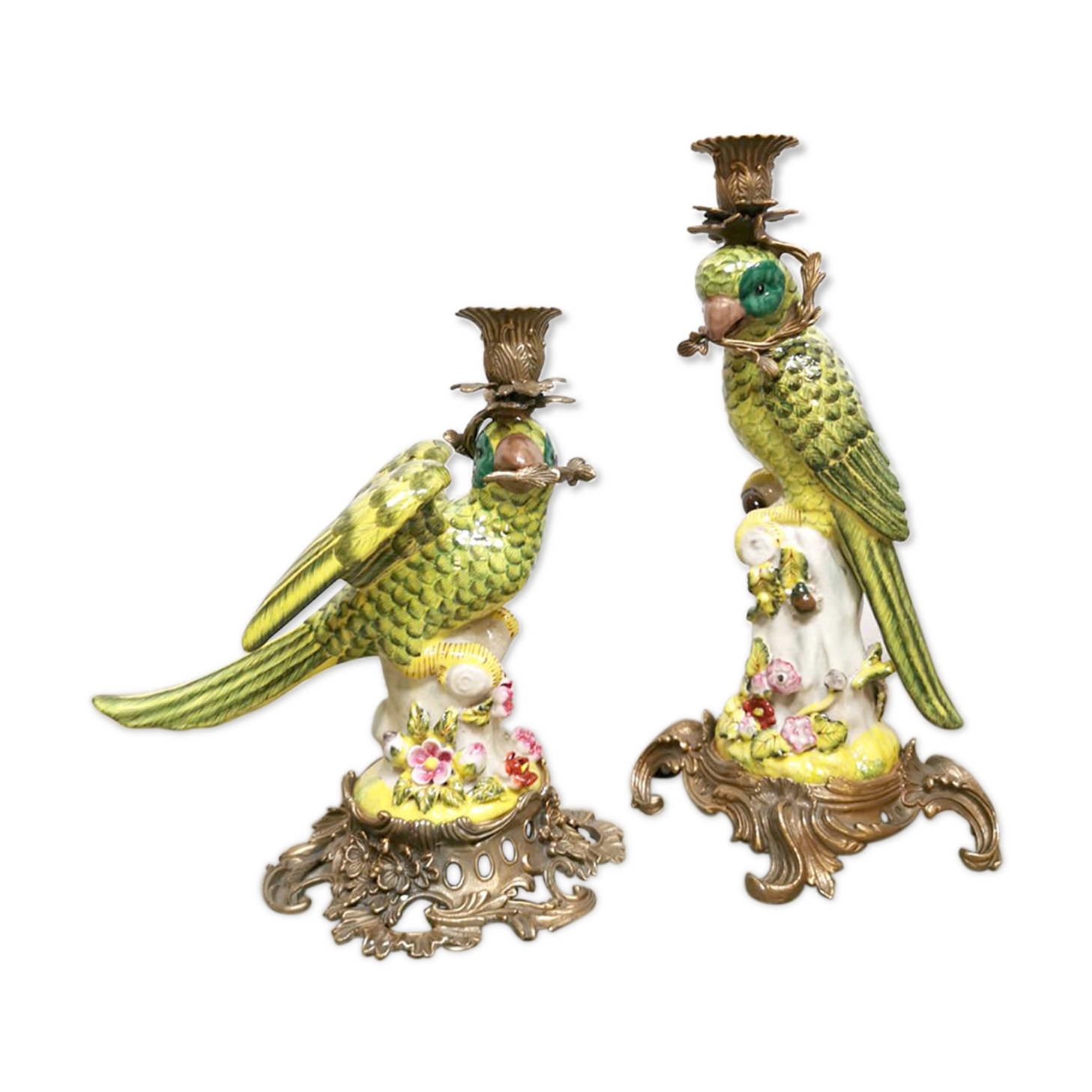 Set of 2 decorative brass candle holders porcelain parrots
