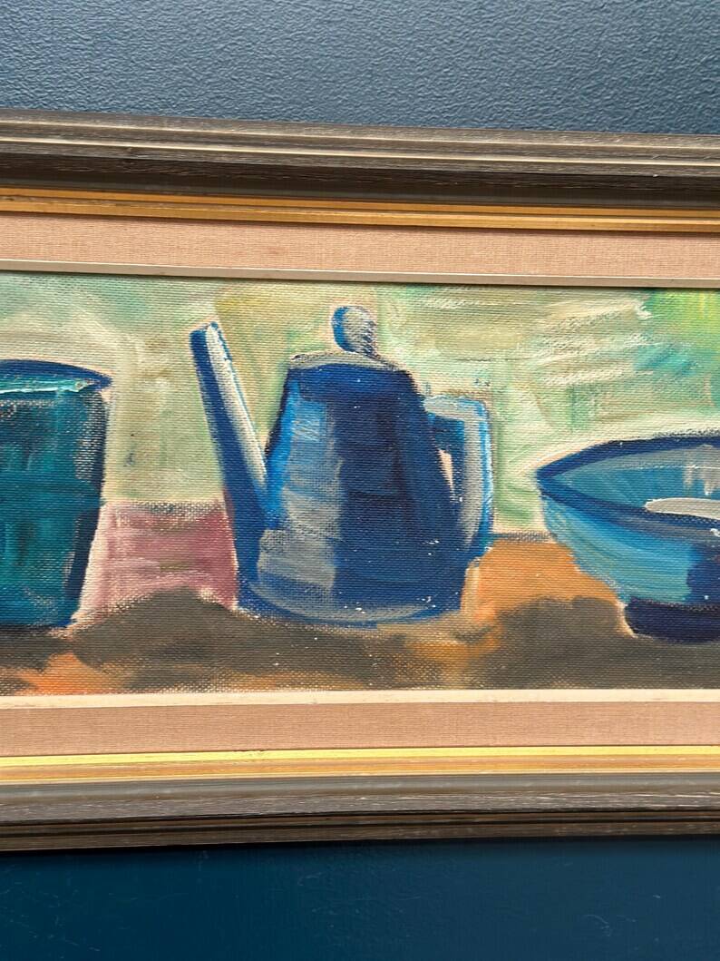 Large Original Swedish Oil on Panel – “Kettle Bowl and Glass” by Louis Zelig – Signed – Vintage & Framed – 40 × 80 cm (15.7" × 31.5")