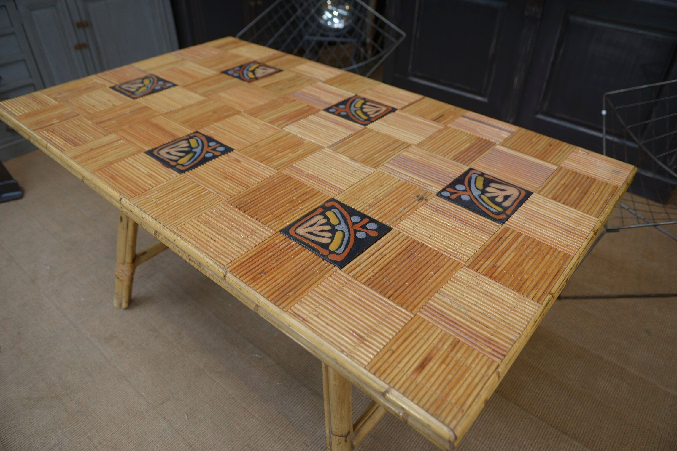 Rattan and ceramic table 1960