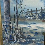 Large watercolor from the early 20th century, signed landscape of a wooded river bank