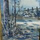 Large watercolor from the early 20th century, signed landscape of a wooded river bank