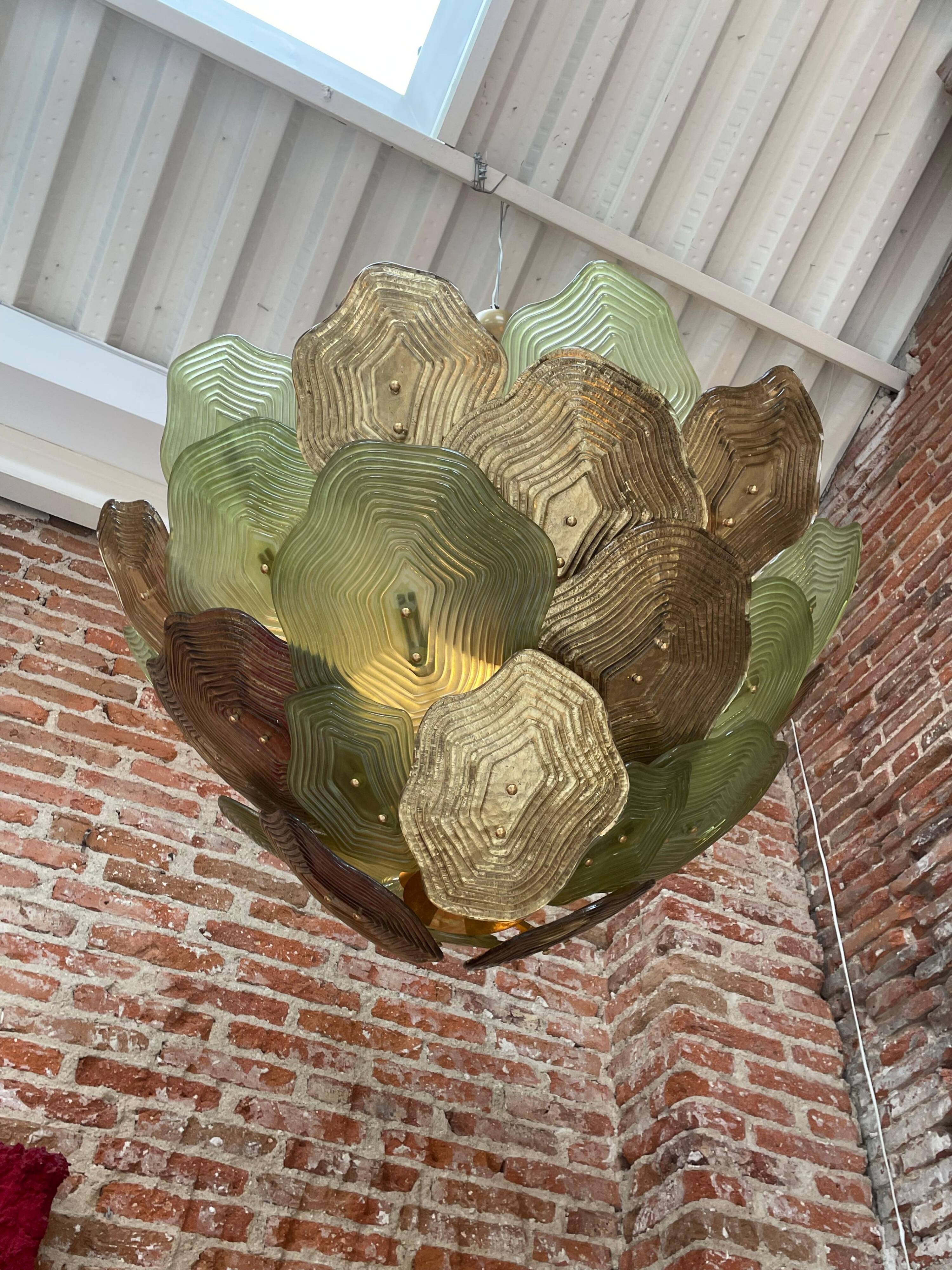 Murano Multicolored Green, Brown and Gold Glass Ceiling Lamp, Italy.