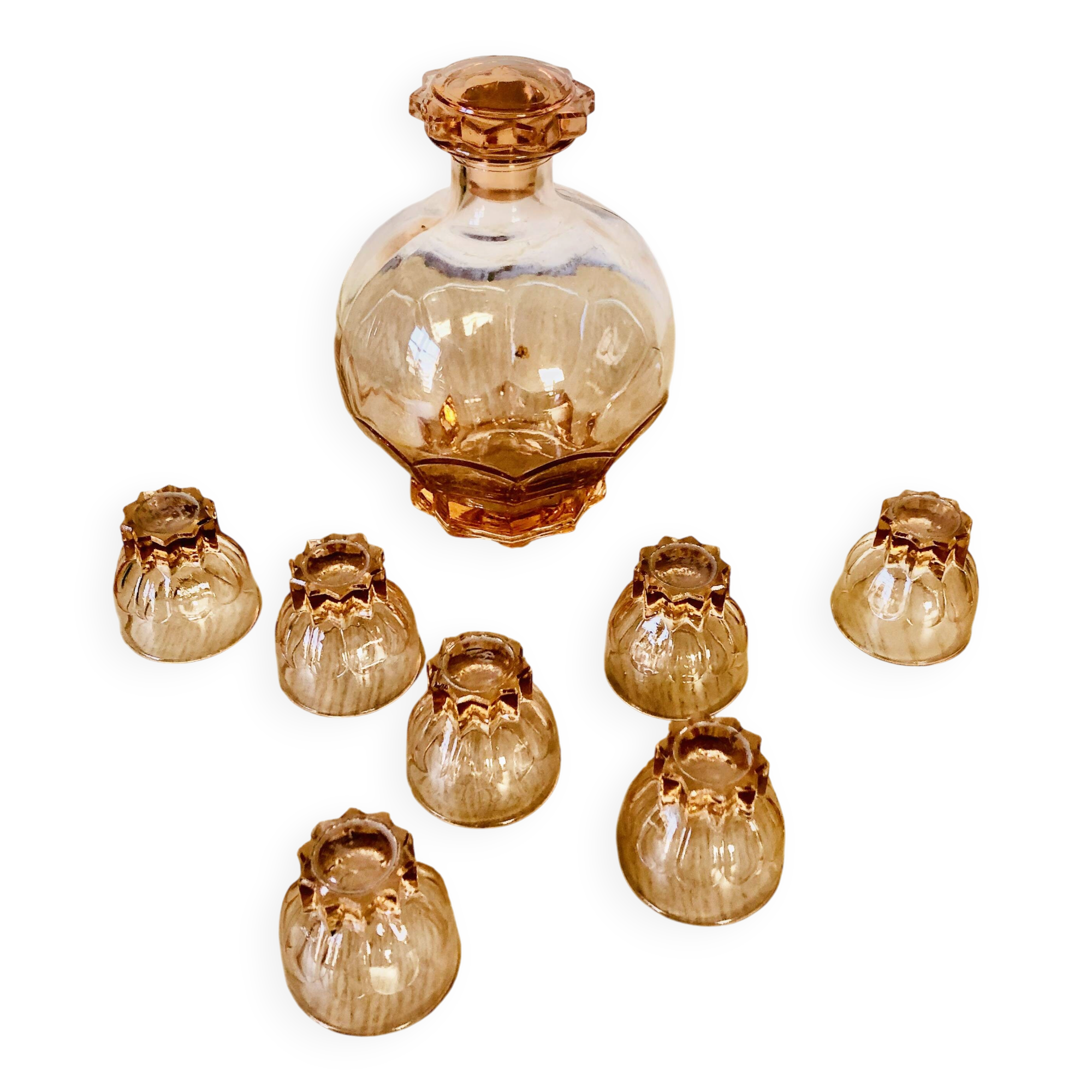 Vintage pink glass liqueur set