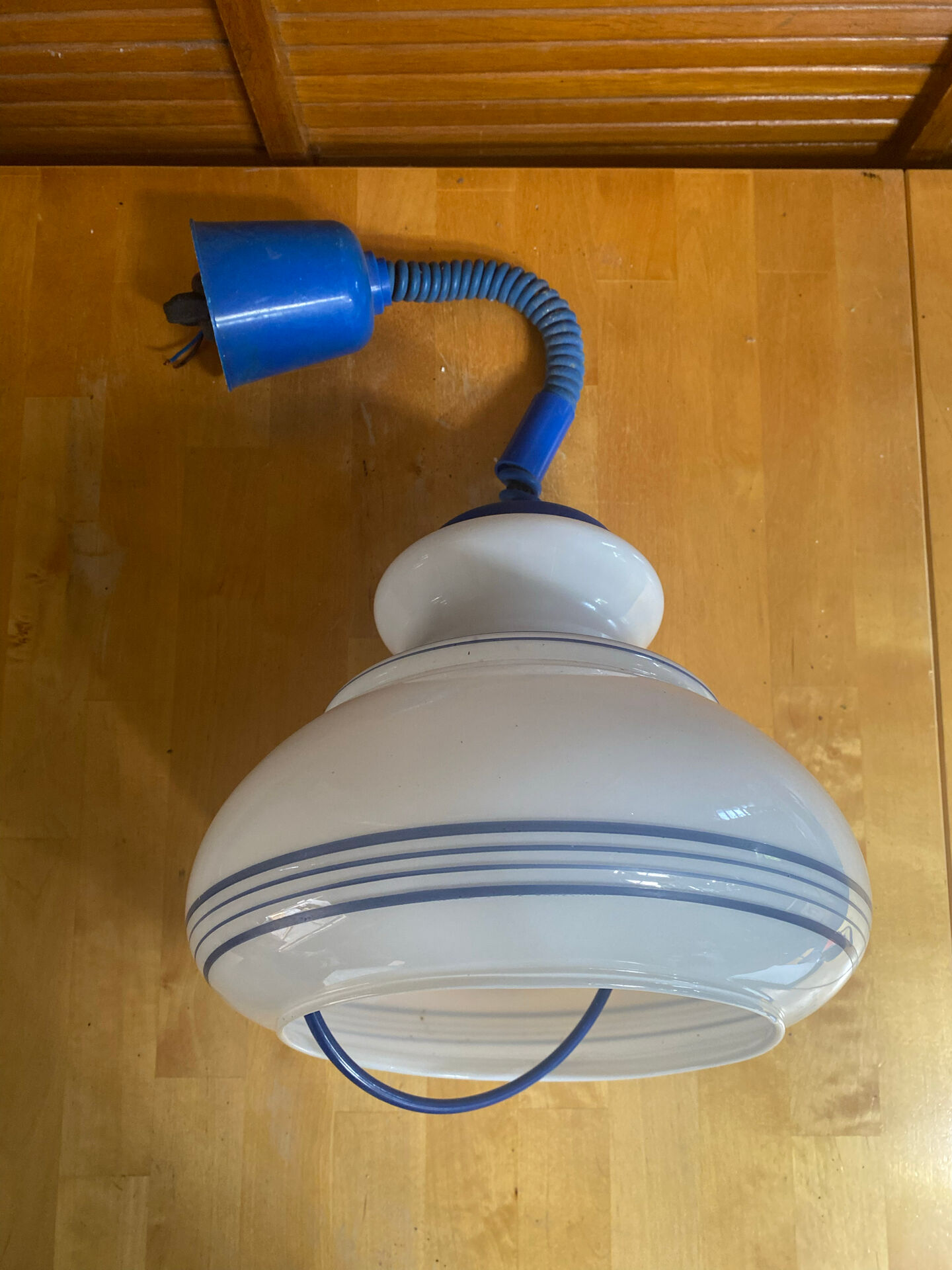 Vintage 1970s White Opaline Suspension Light with Blue Raise & Lower