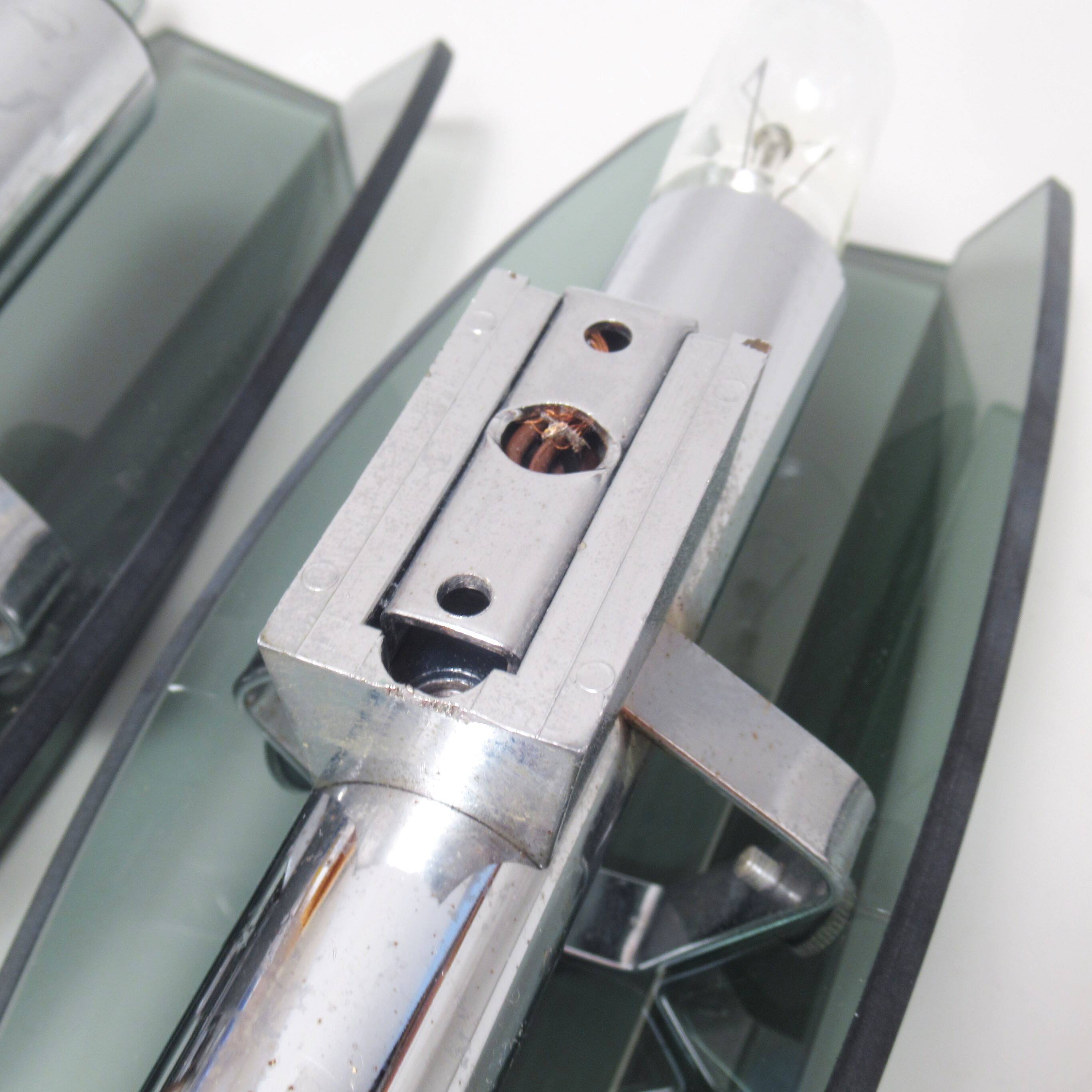 Pair of Veca smoked glass and chrome wall lights from the 70s