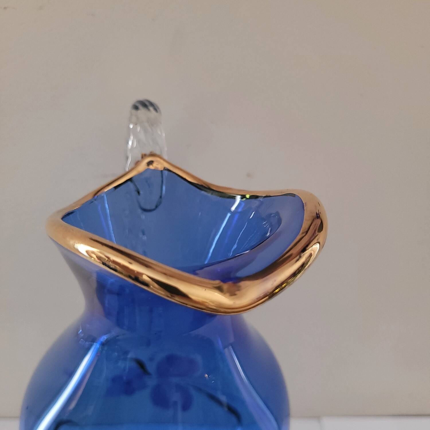 Ewer/pitcher, cobalt blue glass, enameled with flowers, 1950s-60s