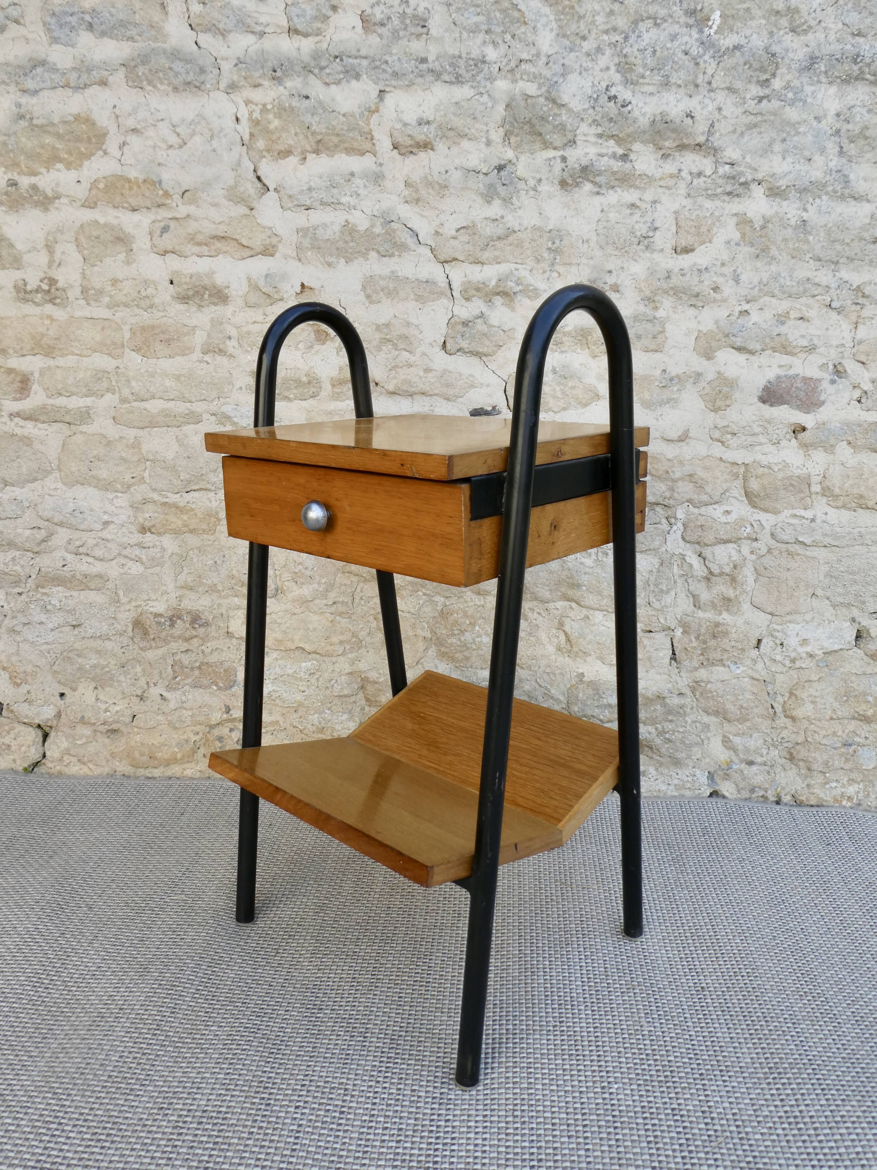 Wooden and metal boarding bedside table, 60s
