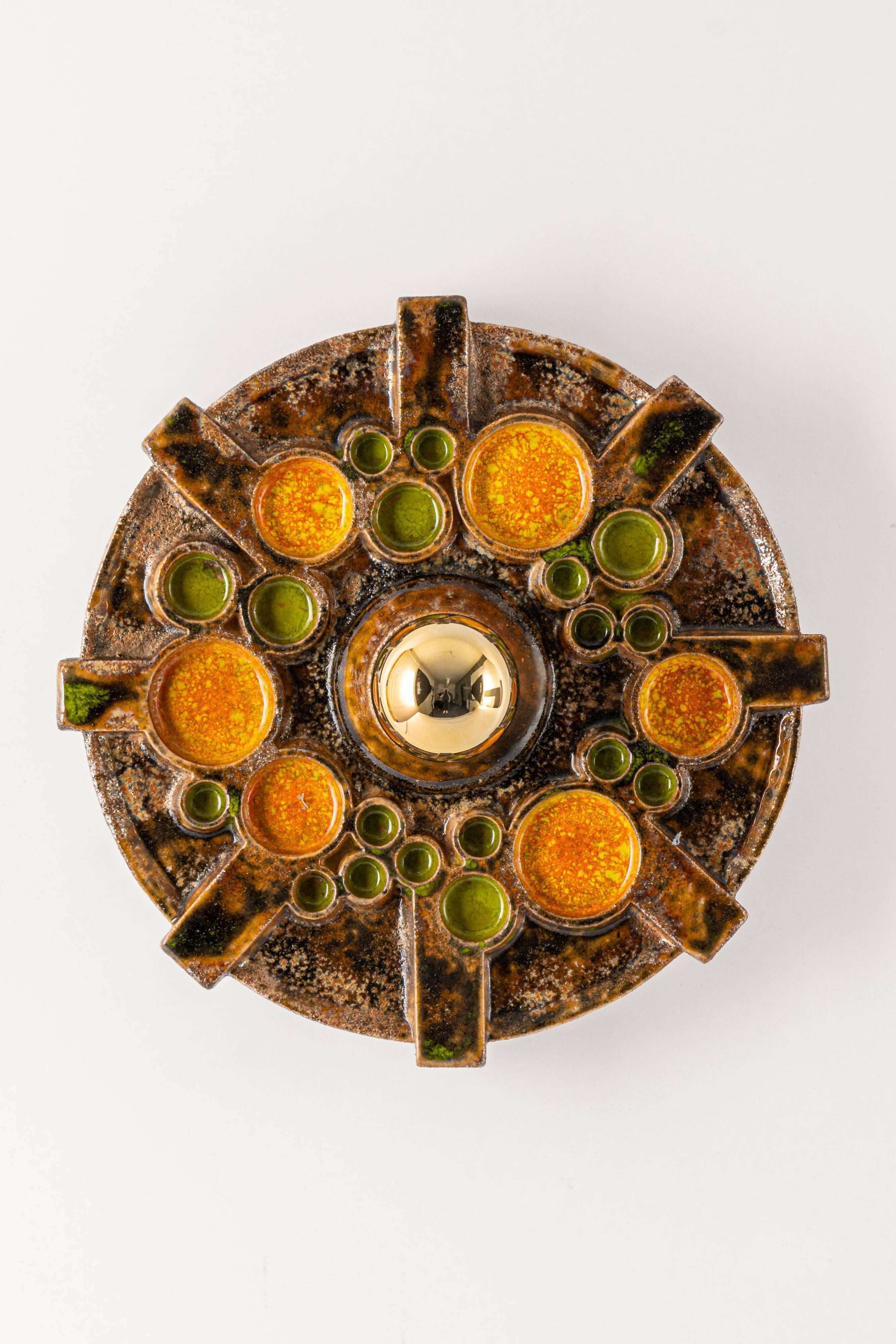 Sputnik wall lamp in brown and orange ceramic, Germany, 1970s.