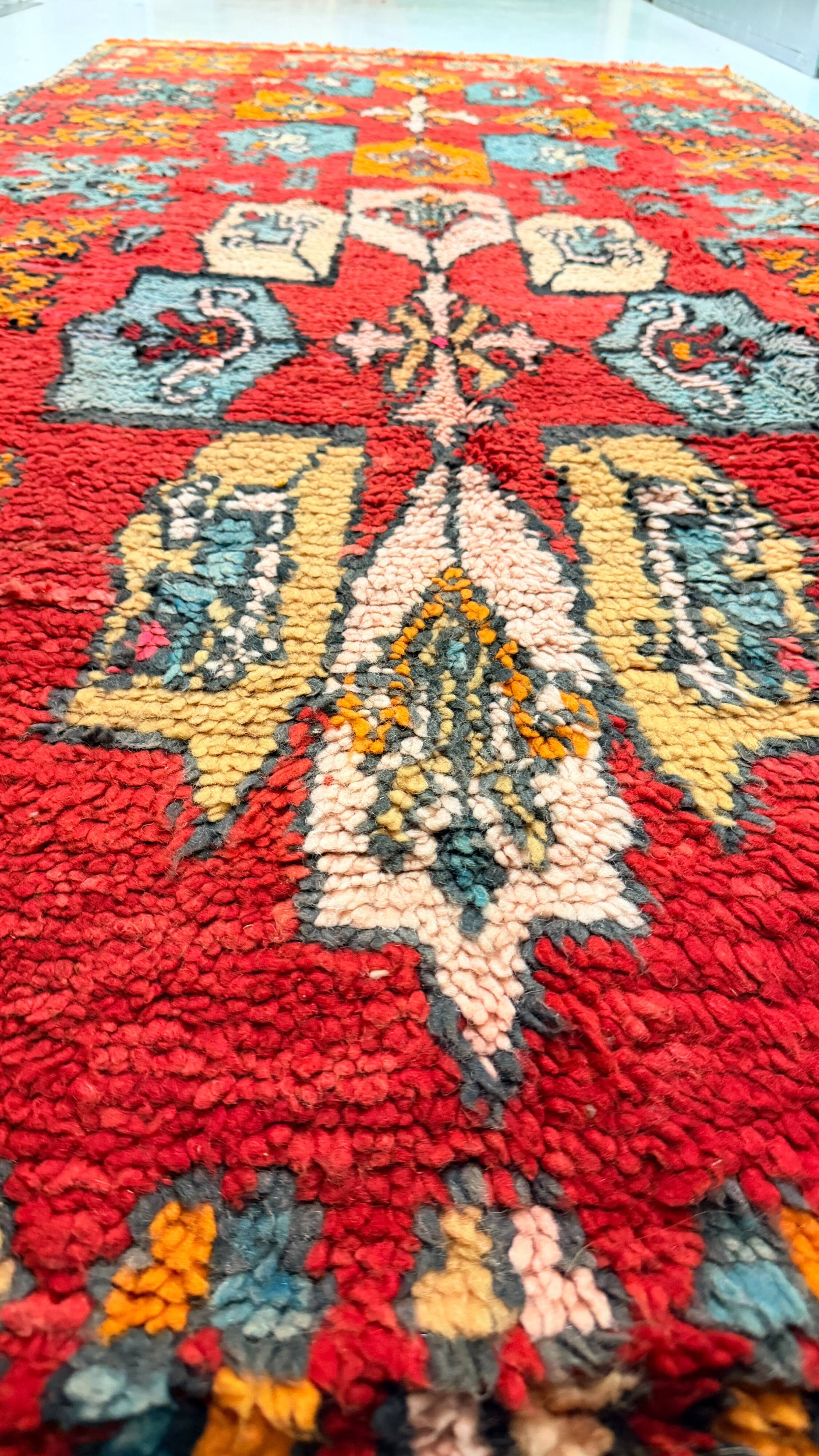 Vintage red Berber rug with multicoloured patterns - 145 x 300 cm