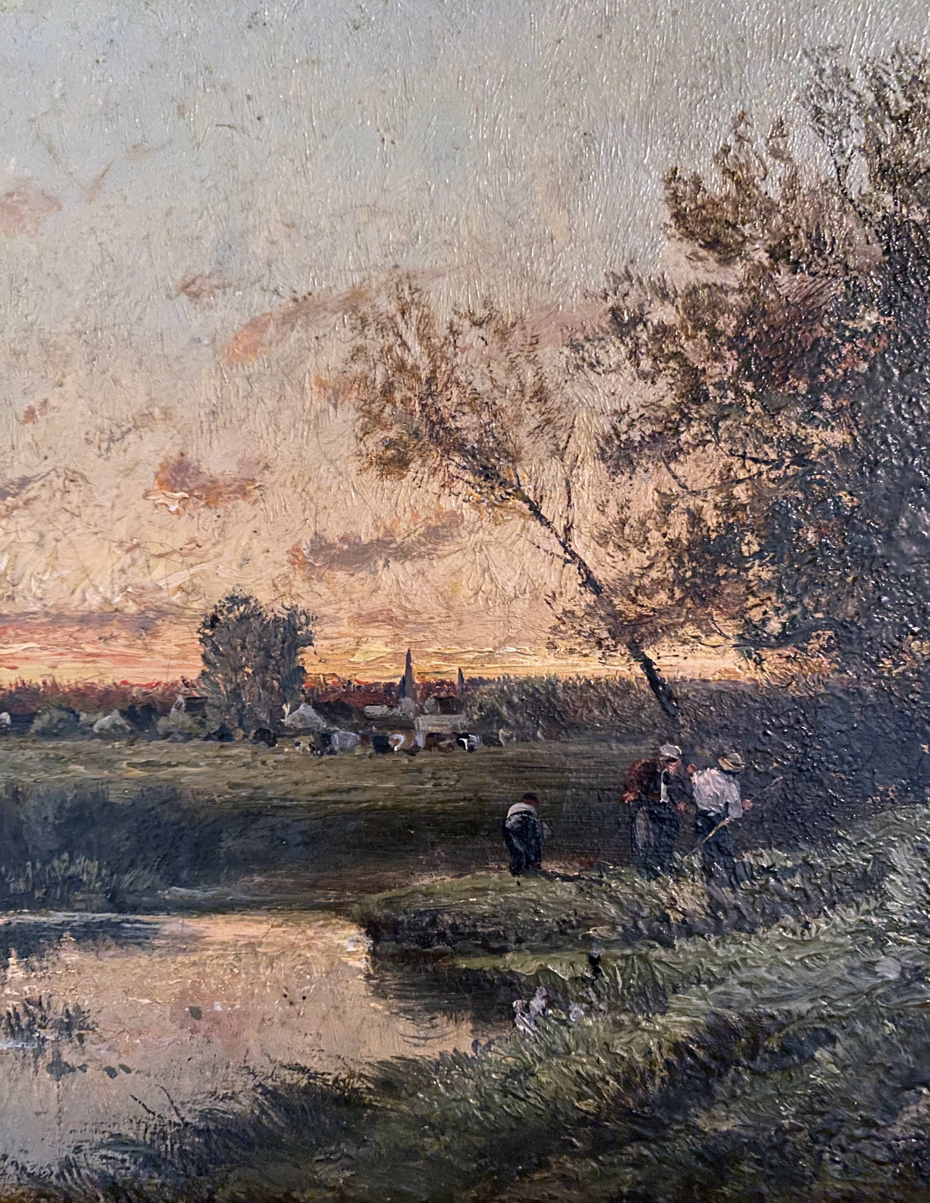 Impressionist painting "Animated twilight landscape" 19th century signed Barbizon