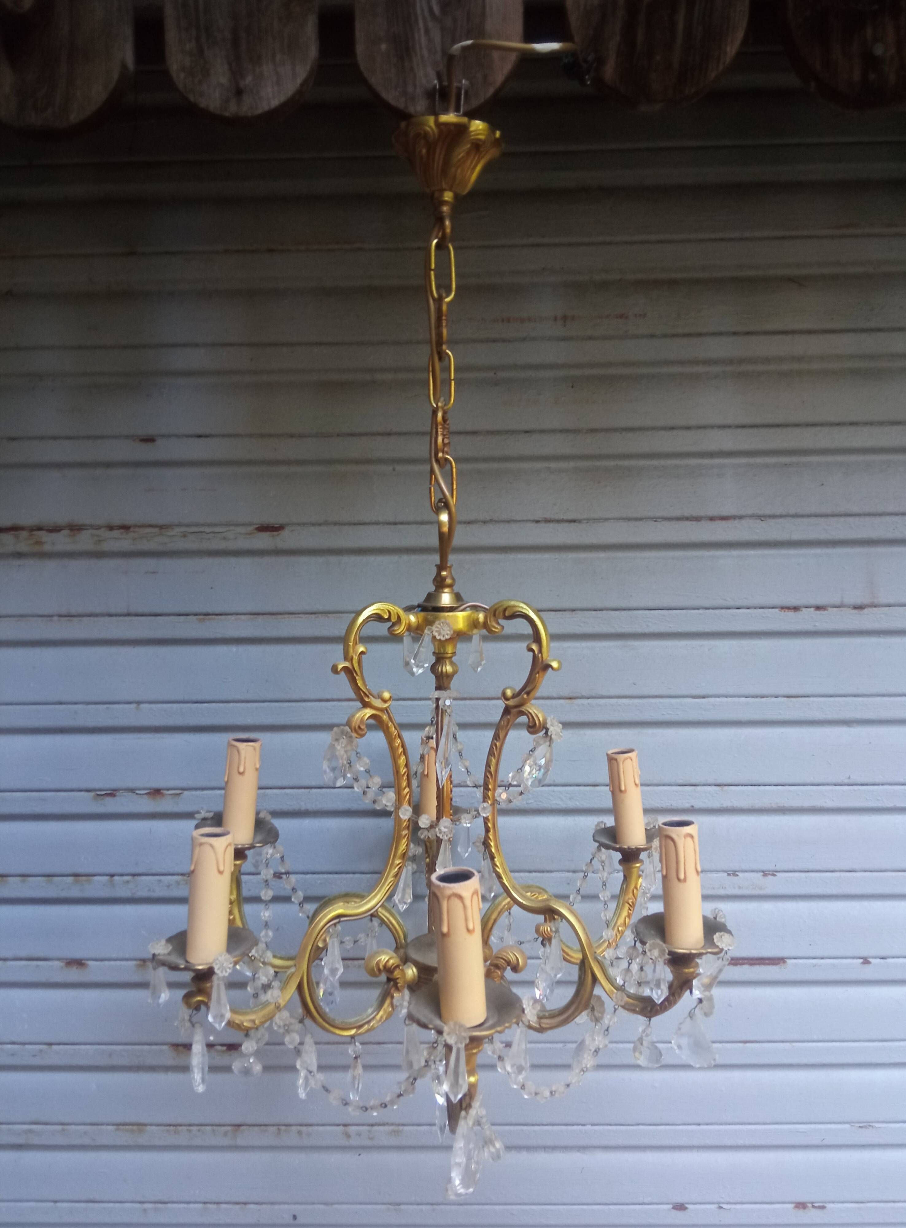 Antique cage chandelier in gilded bronze and crystal, 6 lights / working condition l gau