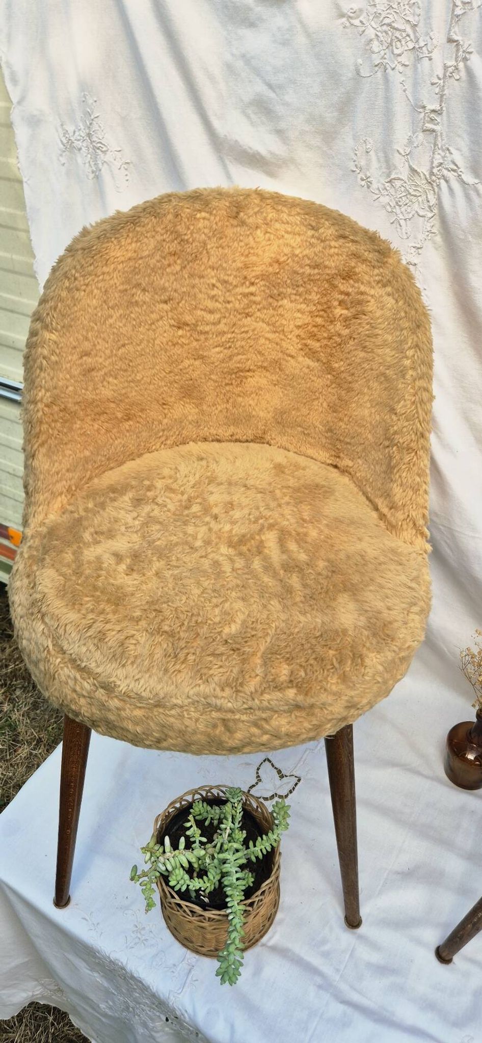 2 Scandinavian chairs with compass legs in faux fur and blue satin covers, 1970.