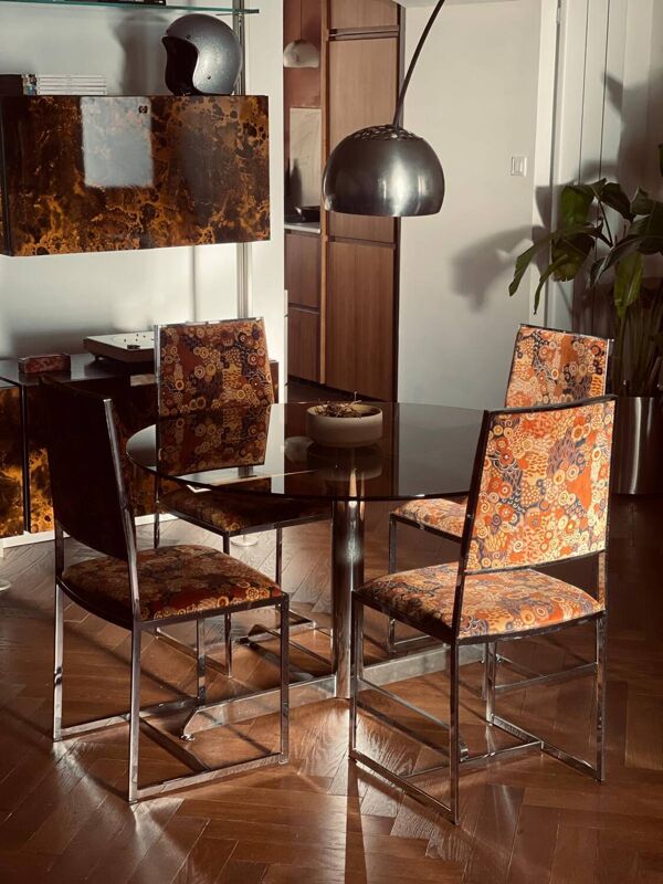 Table Florence Knoll pour Roche Bobois en verre fumé et chrome, années 70