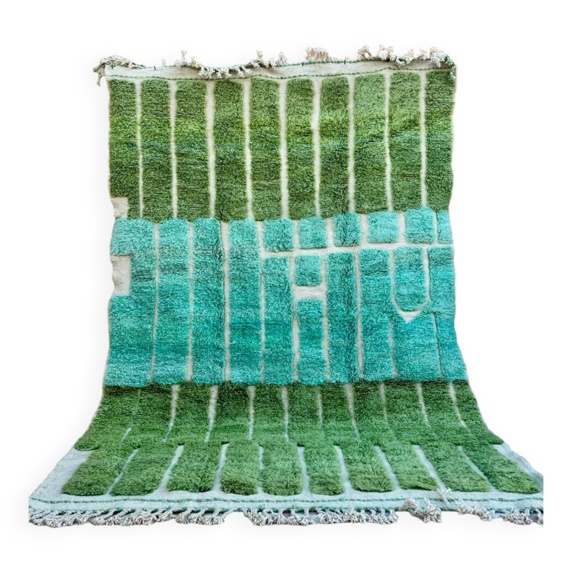 Almond green and blue green Moroccan rug with modern reliefs