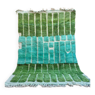 Almond green and blue green Moroccan rug with modern reliefs