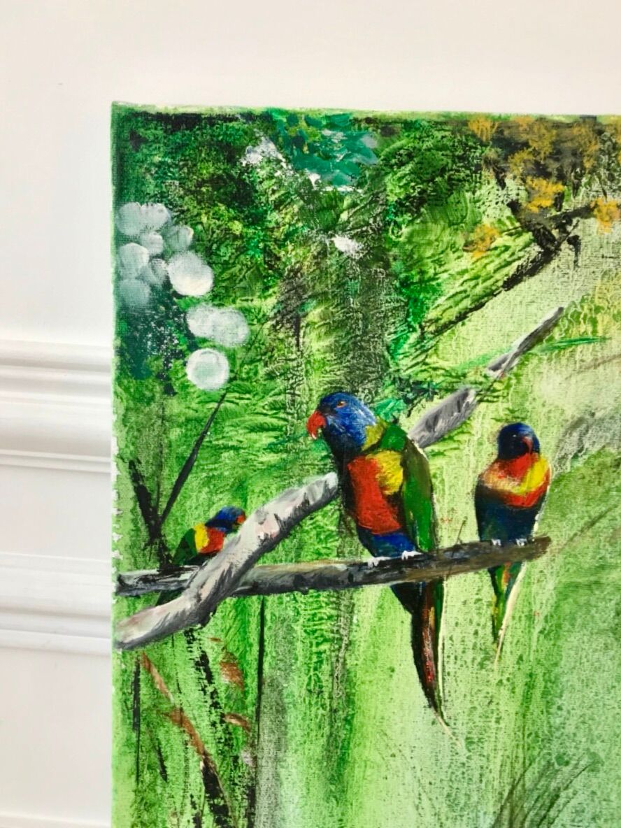 Oil painting on canvas jungle parrot signed vintage