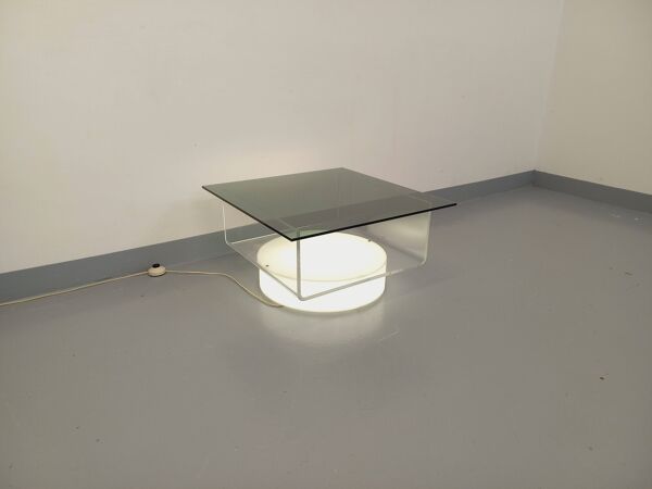 Table basse carrée lumineuse italienne vintage en verre et plexiglas