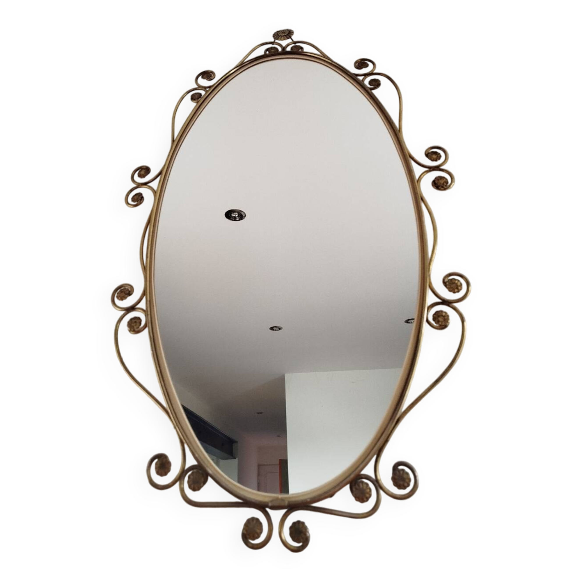 Oval mirror in gilded brass and floral decor, 1950s