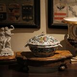 Antique French Faience Lidded Bowl Tureen Hand Painted with Flowers and Insects