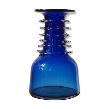 Vase en verre artisanal vintage bleu Lwiw Ukraine