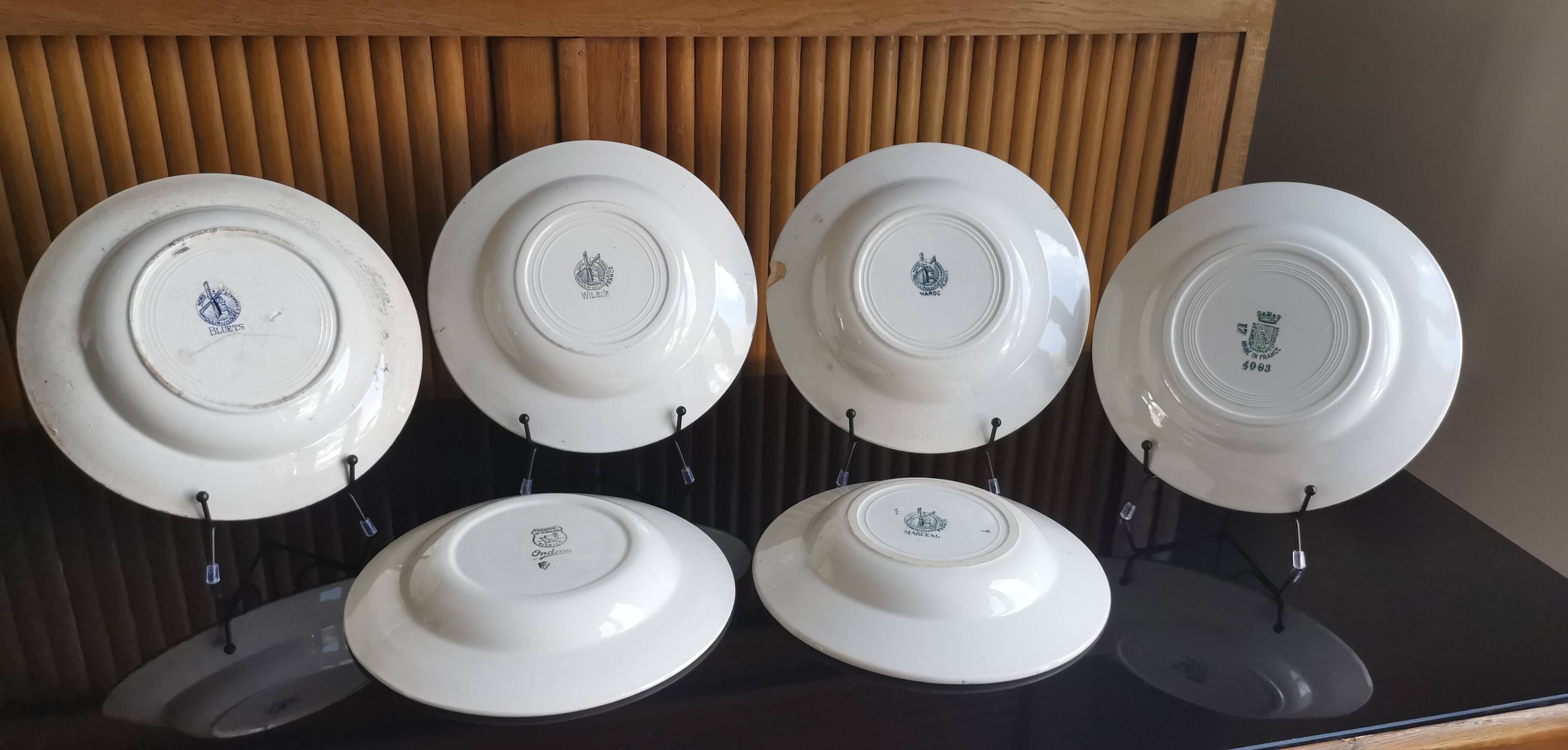 6 old mismatched deep plates Terre de Fer, glass and blue colors