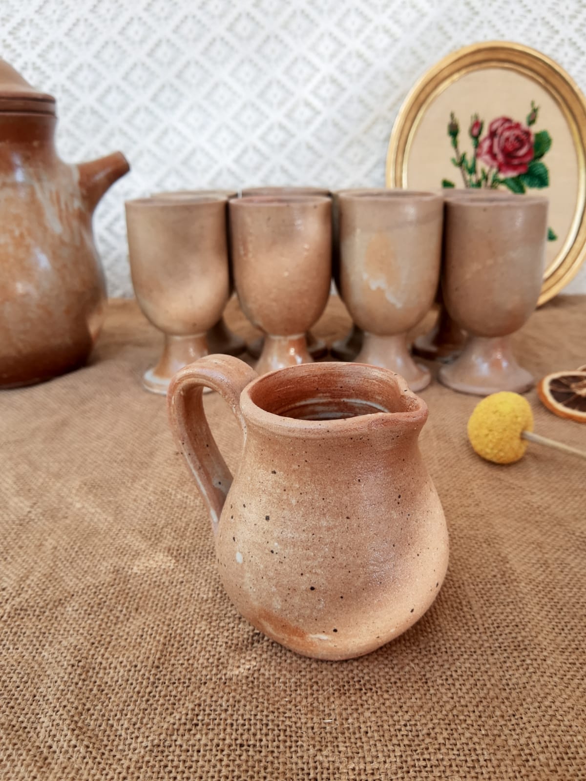 Vintage stoneware 8 mazagrans teapot and milk jug set