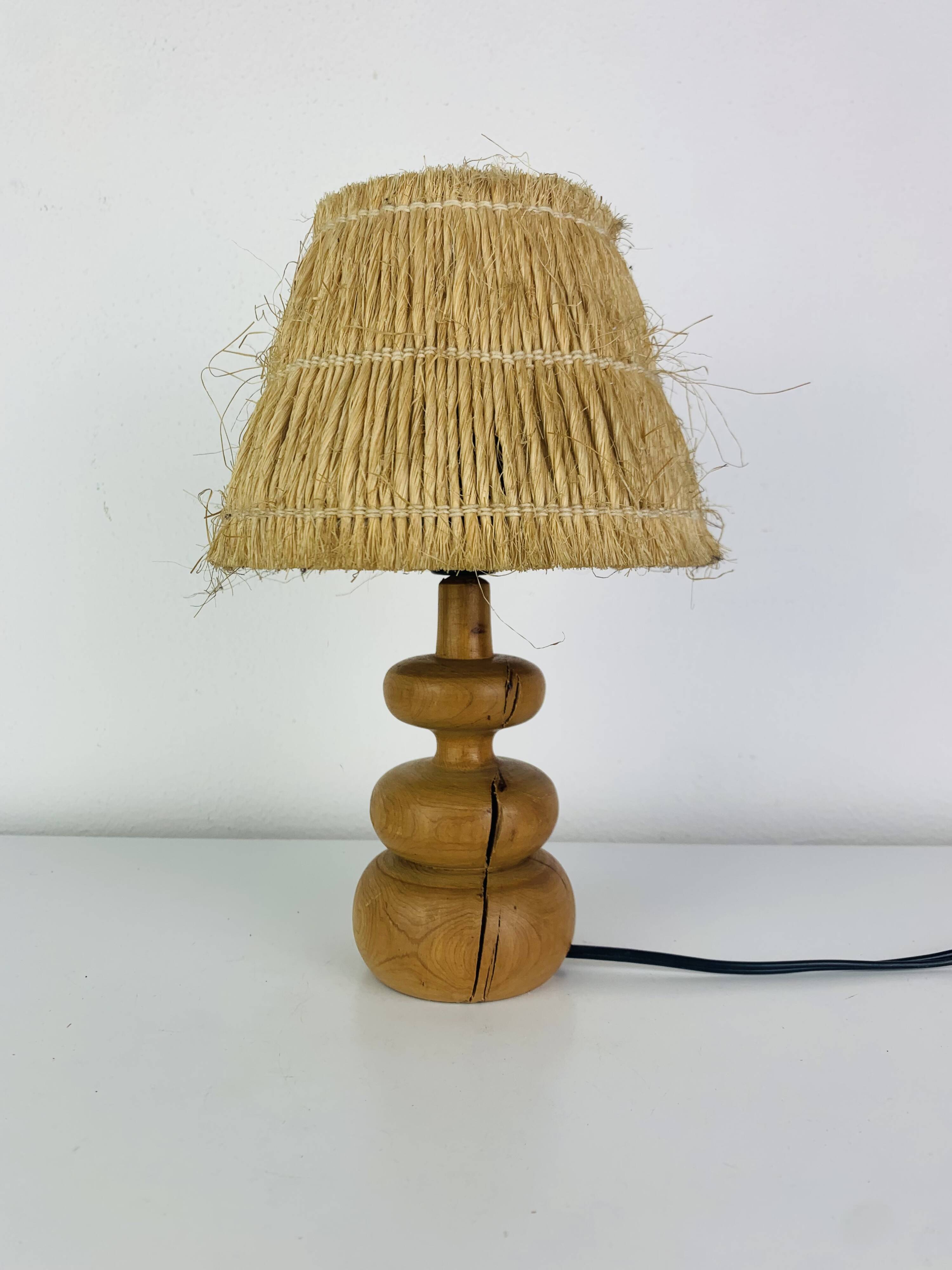 Turned wood lamp with straw shade, 1960s, vintage