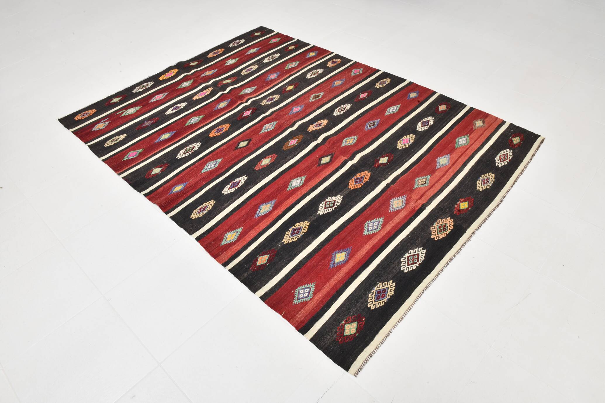 Turkish Red & Black Striped Vintage Kilim Rug, 168x228Cm