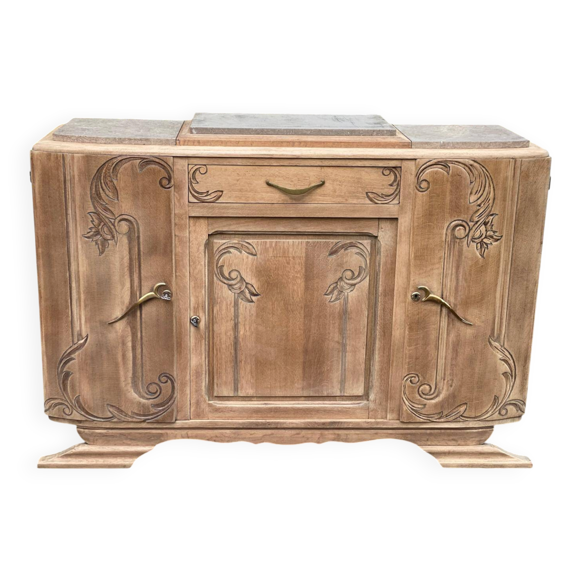 Buffet parisien art déco vintage rénové en bois massif et marbre gris 150cm