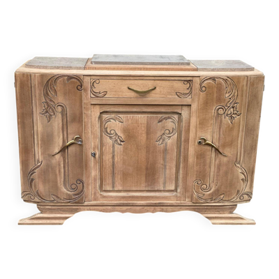 Buffet parisien art déco vintage rénové en bois massif et marbre gris 150cm