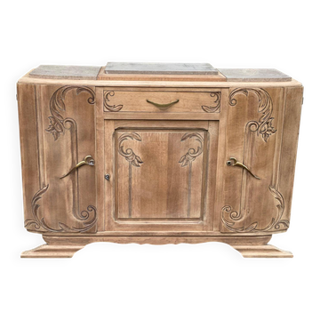 Buffet parisien art déco vintage rénové en bois massif et marbre gris 150cm