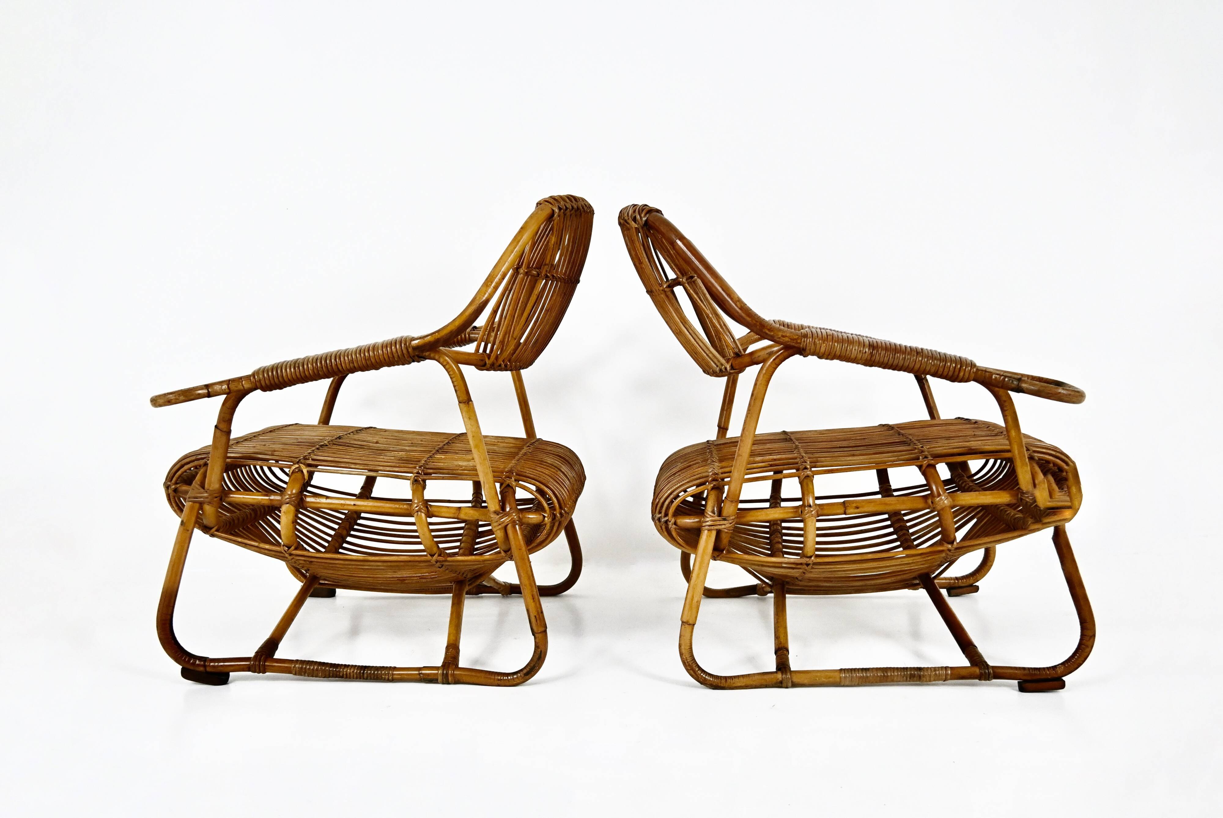 Pair of Italian rattan armchairs, 1960s
