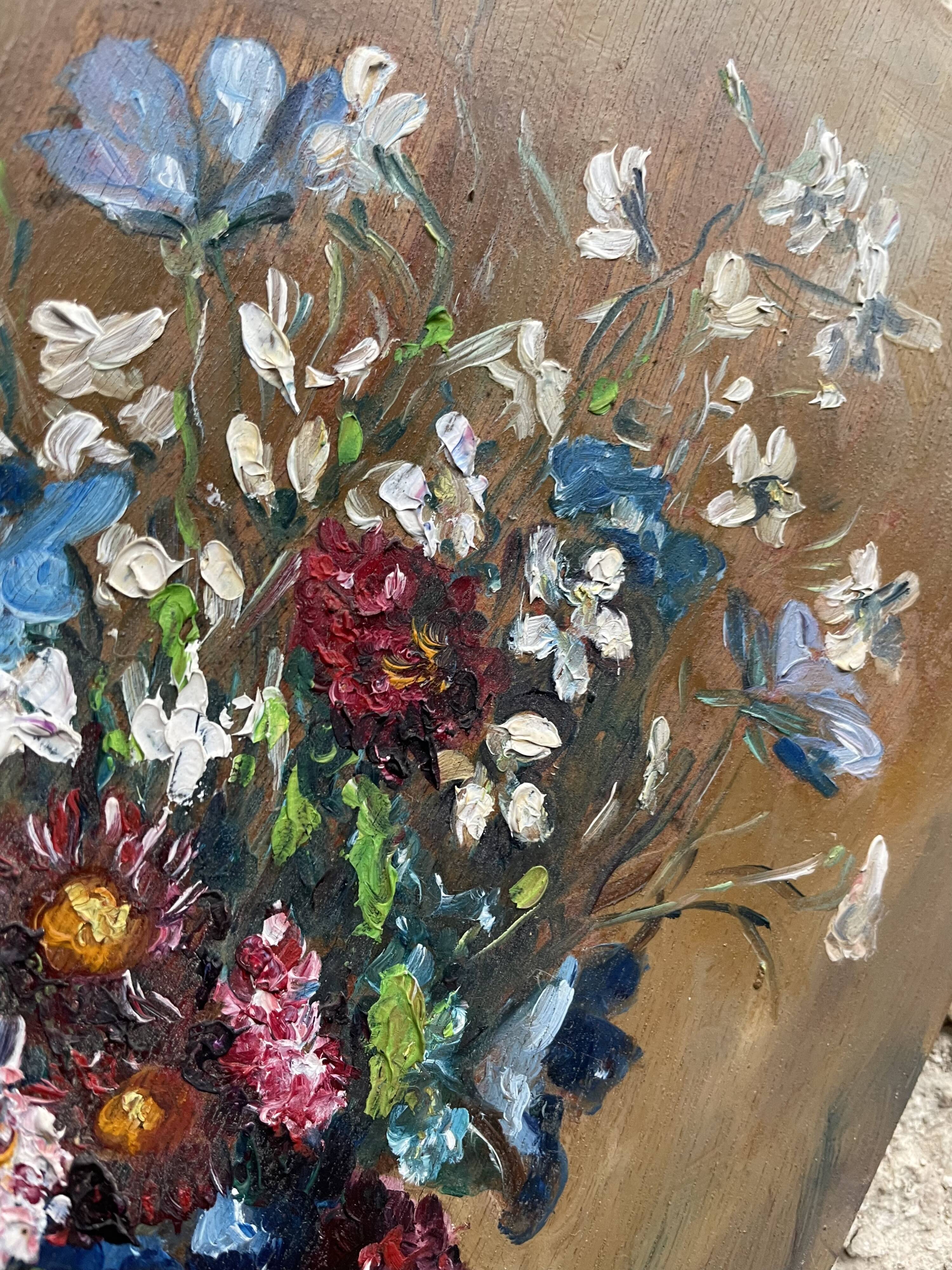 Oil on old panel, still life signed