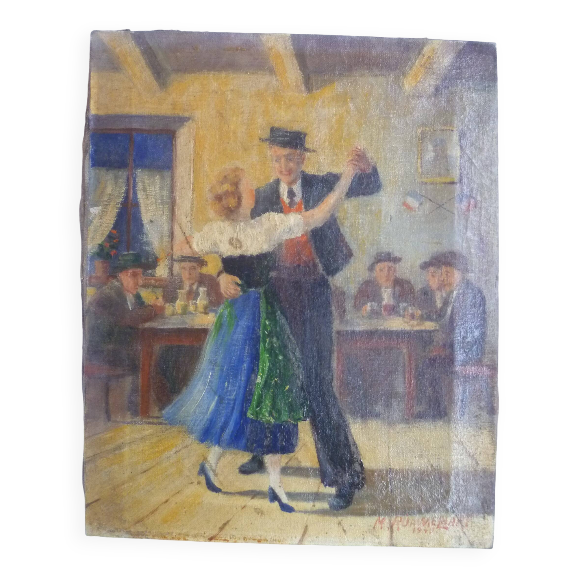 HS PAINTING/CANVAS GENRE SCENE "DANCING COUPLE" signed M.RUMMELHART 1949