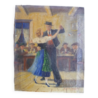 HS PAINTING/CANVAS GENRE SCENE "DANCING COUPLE" signed M.RUMMELHART 1949