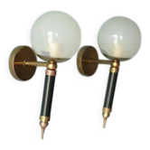 Paire d'appliques murale vintage, applique laiton et globe boule verre opaque, lampe vintage, lampe murale, 50's