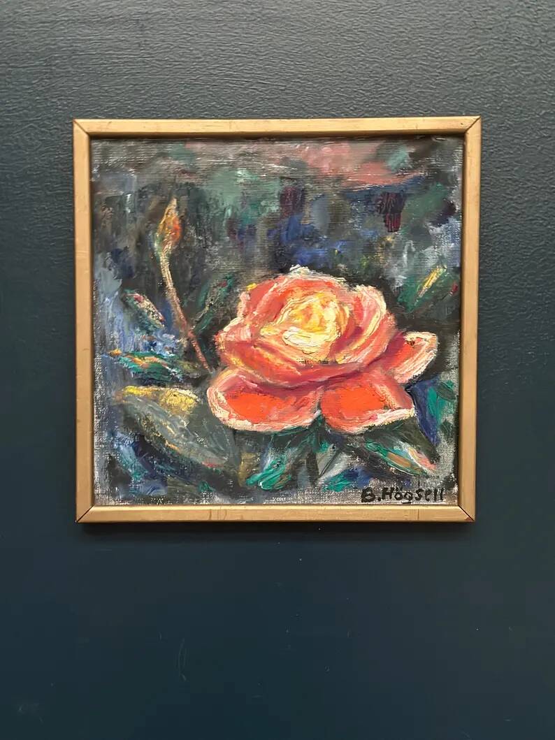 Original Swedish Oil on Canvas – “Yellow Rose” by B. Högsk – Signed – Vintage & Framed – 33 × 33 cm (13" × 13")