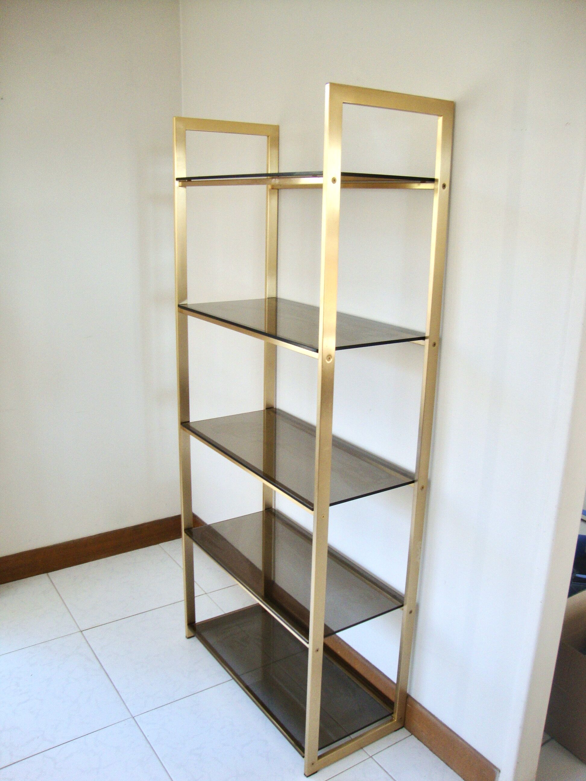 1970 library and gold metal and smoked glass