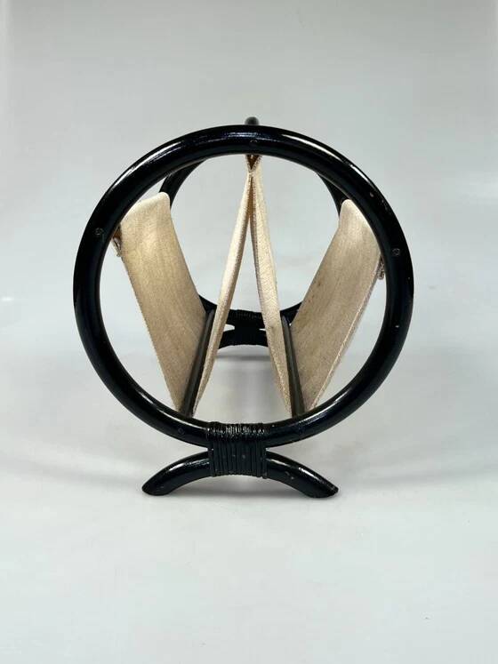 Vintage Round Magazine Rack / Reading Basket, Black Rattan, 1970's