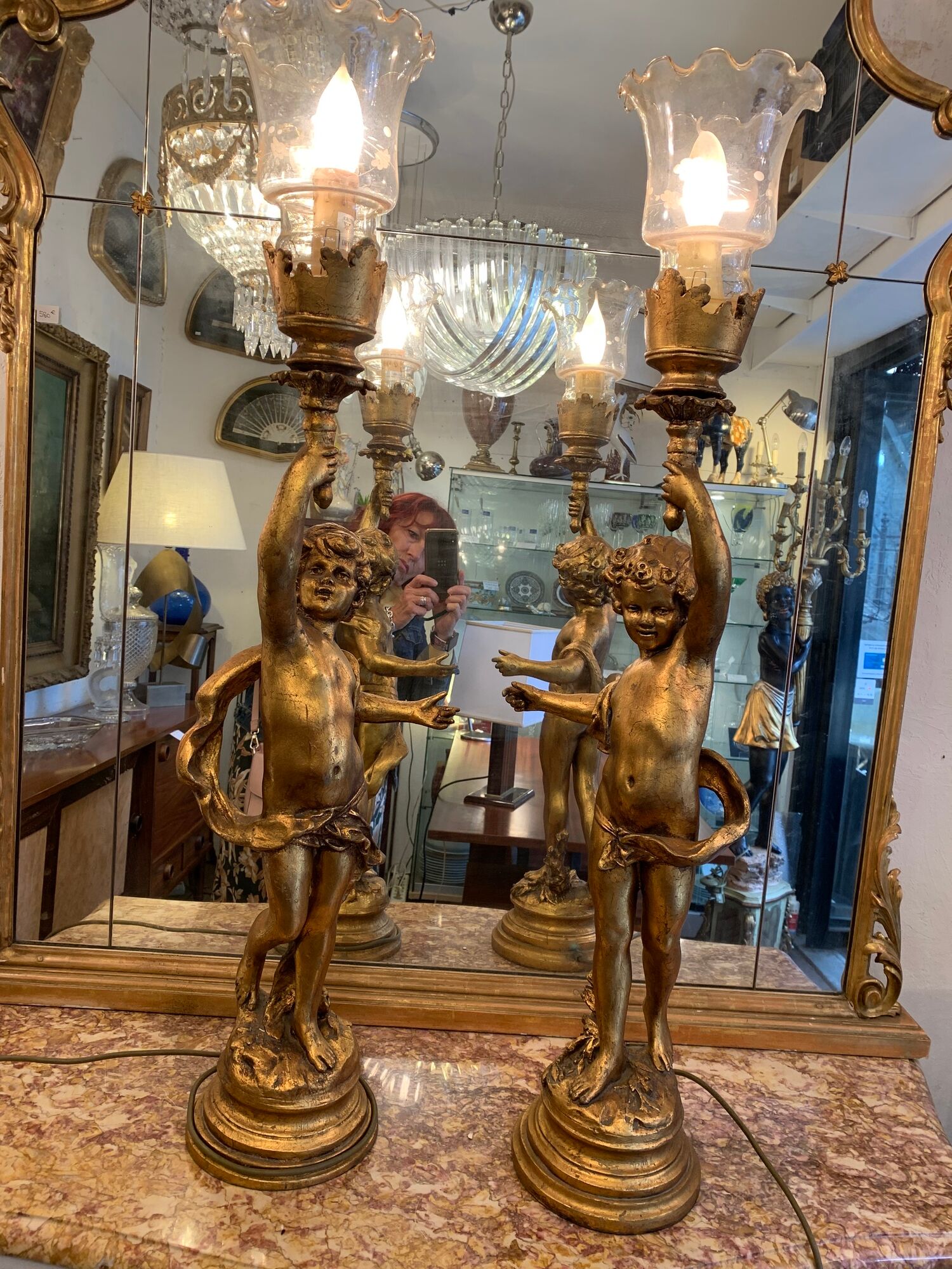Pair of gilded wooden lamps from the 1960s