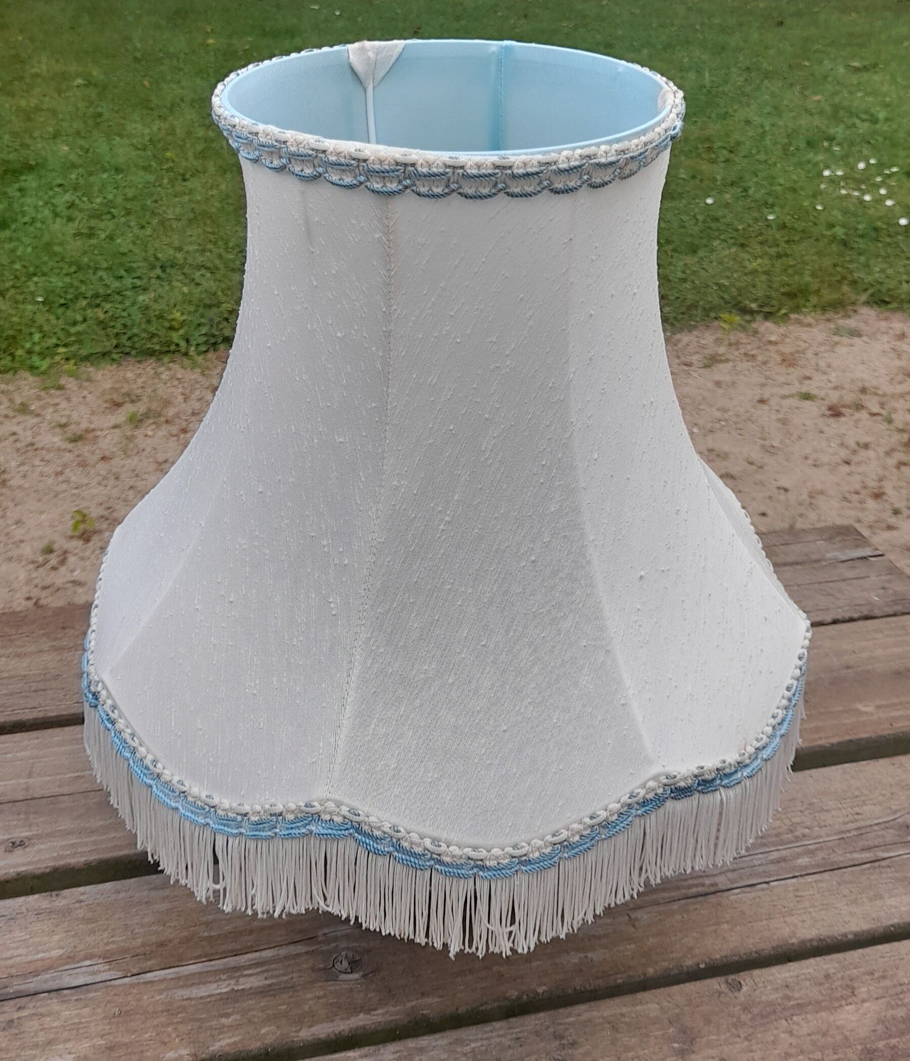 Lampshade pagoda white fabric lined, fringes and blue stripes