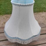 Lampshade pagoda white fabric lined, fringes and blue stripes