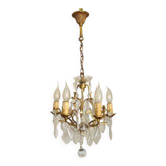 French Vintage 6 light Brass Glass And Crystal Cage Chandelier 4076