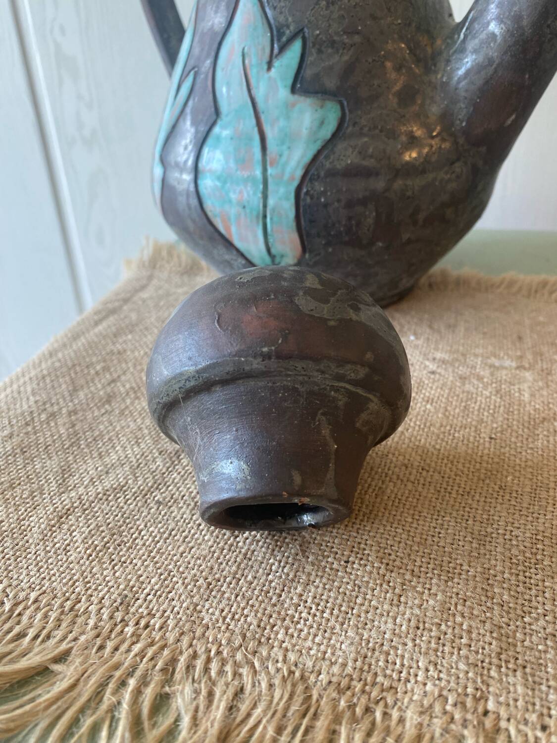 Enamelled terracotta teapot signed Keka