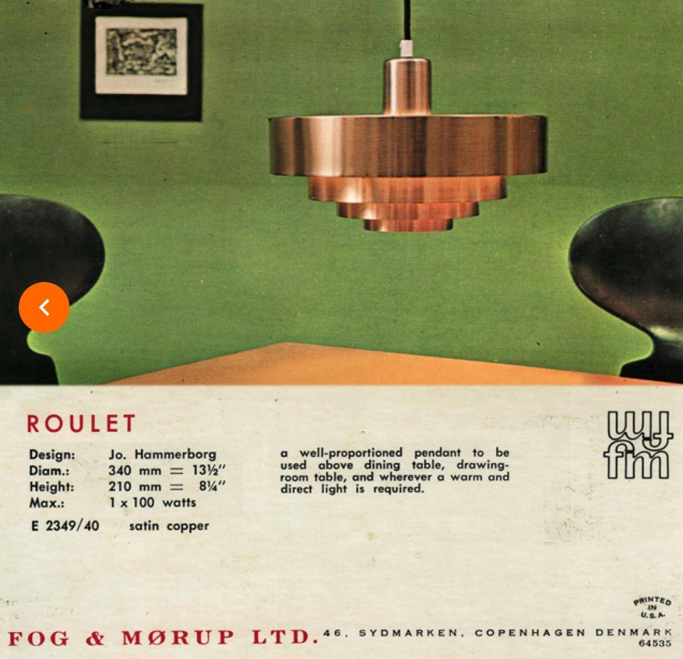 Copper Pendant Model Roulet by Jo Hammerborg for Fog & Morup
