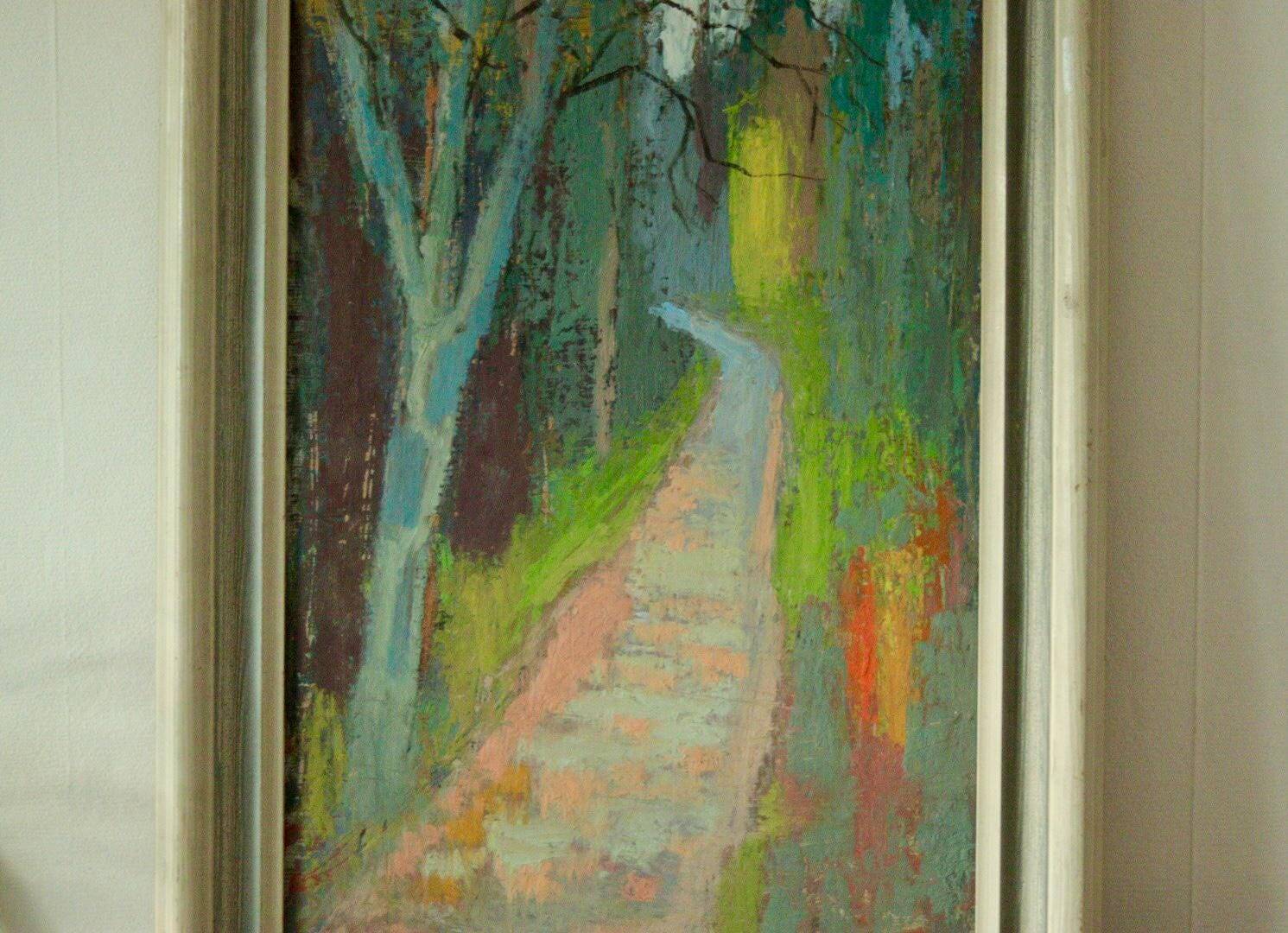Huile sur panneau originale du milieu du siècle – « Country Lane »