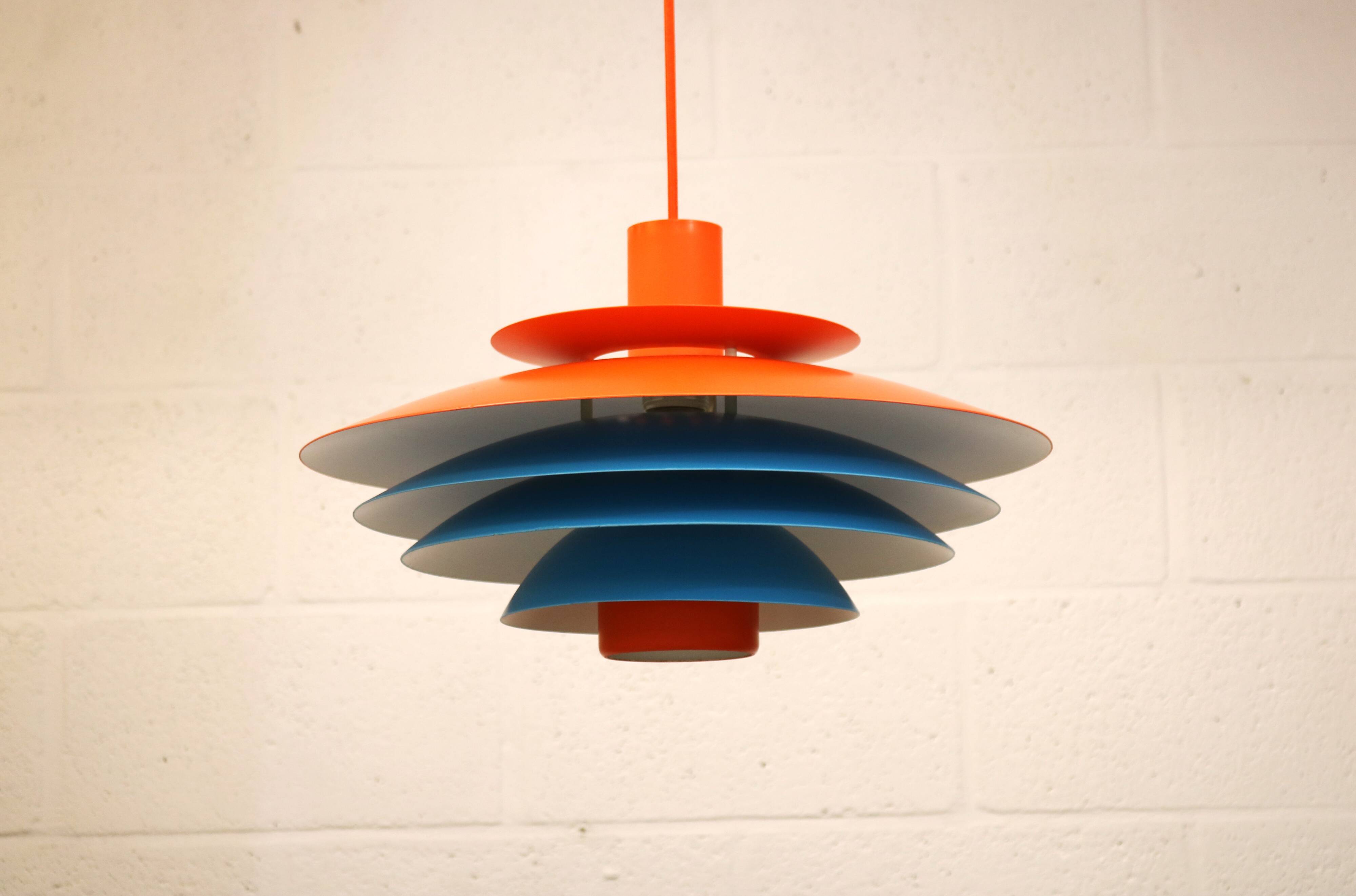 Unique blue and orange pendant lamp by Form Light model 52610, Denmark 70s.