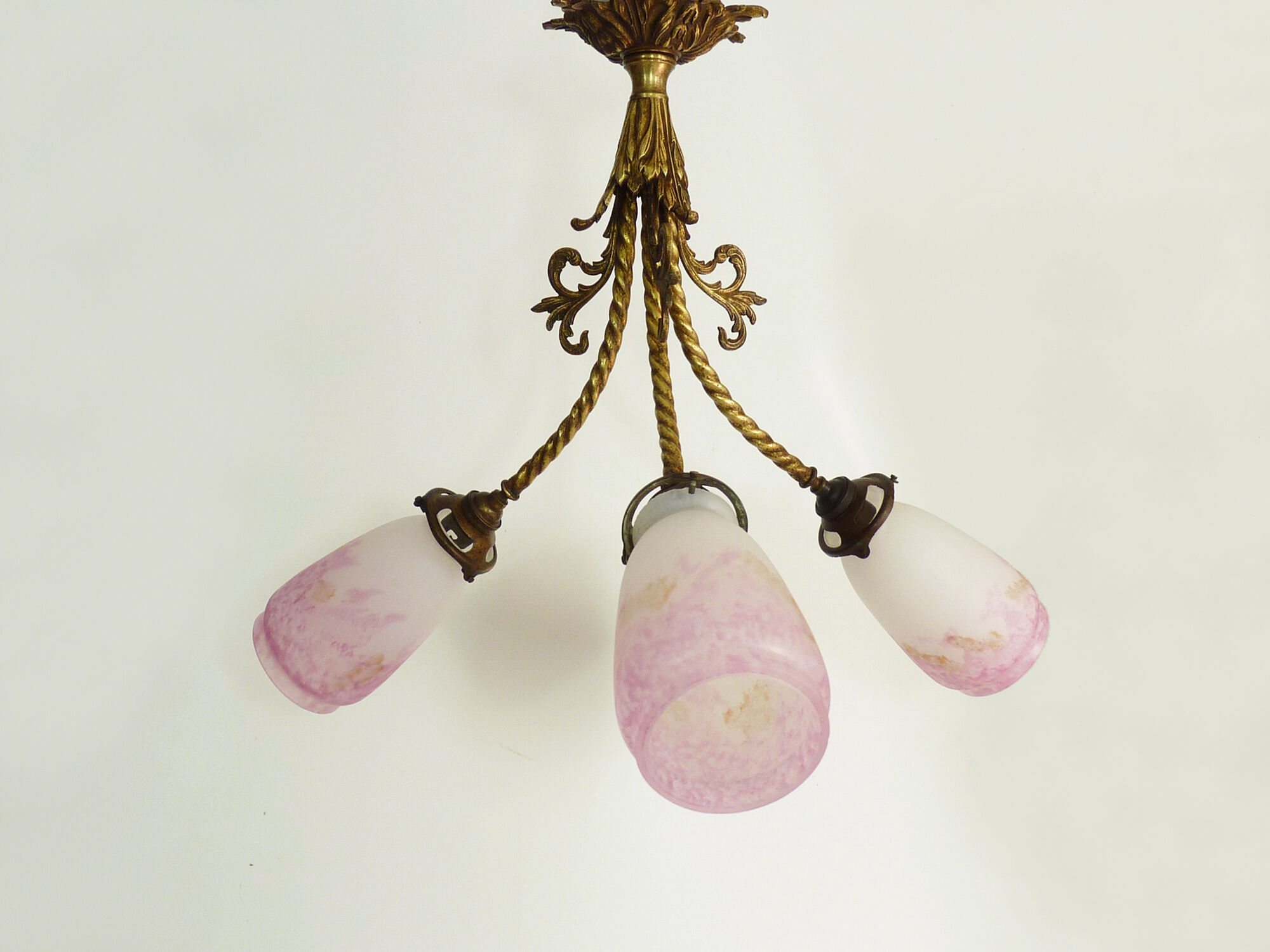 Art Deco chandelier in bronze with 3 tulips in pink glass paste. Signed L'Elf