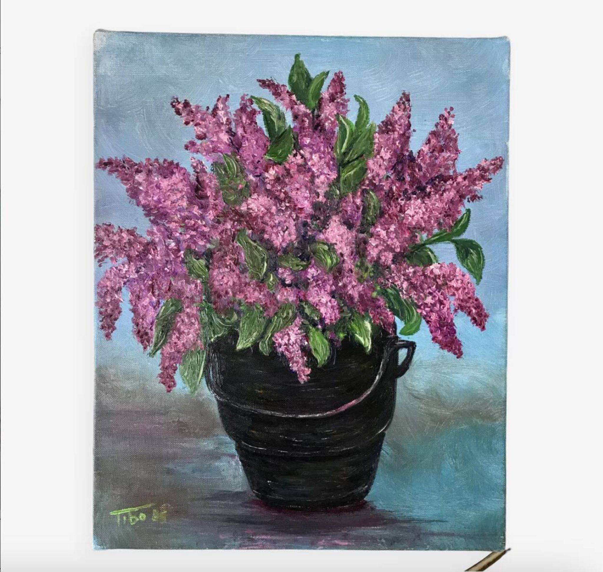 Oil painting on canvas bouquet of vintage lilac flowers signed